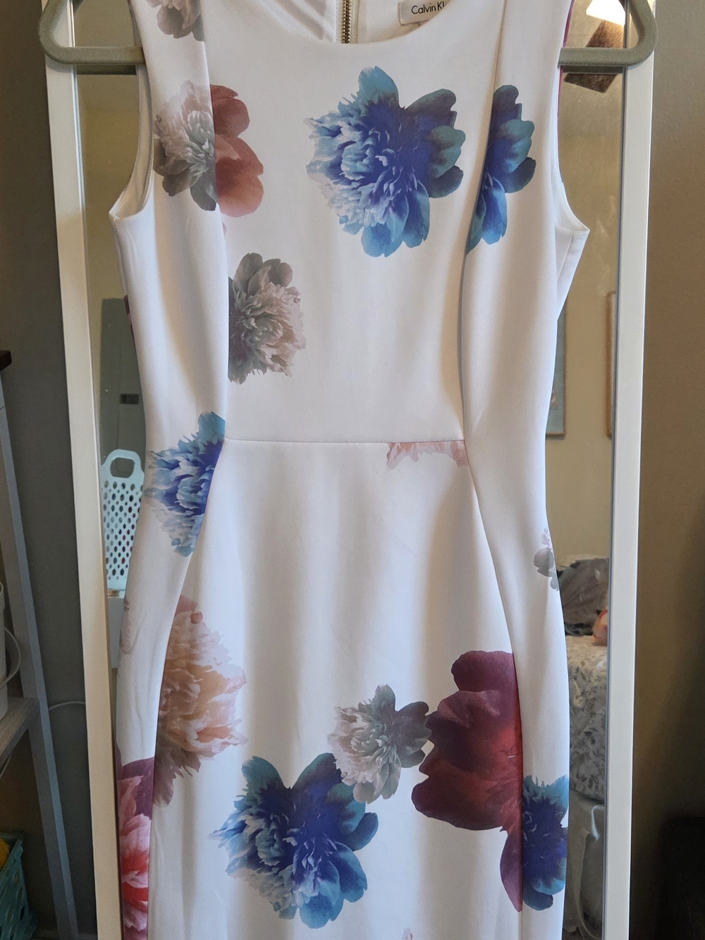 Calvin Klein White Midi Dress with Blue and Red Floral Print